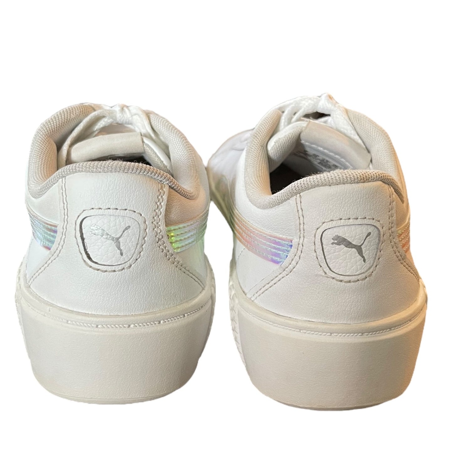 Back of White sneakers with a brand logo on a white background