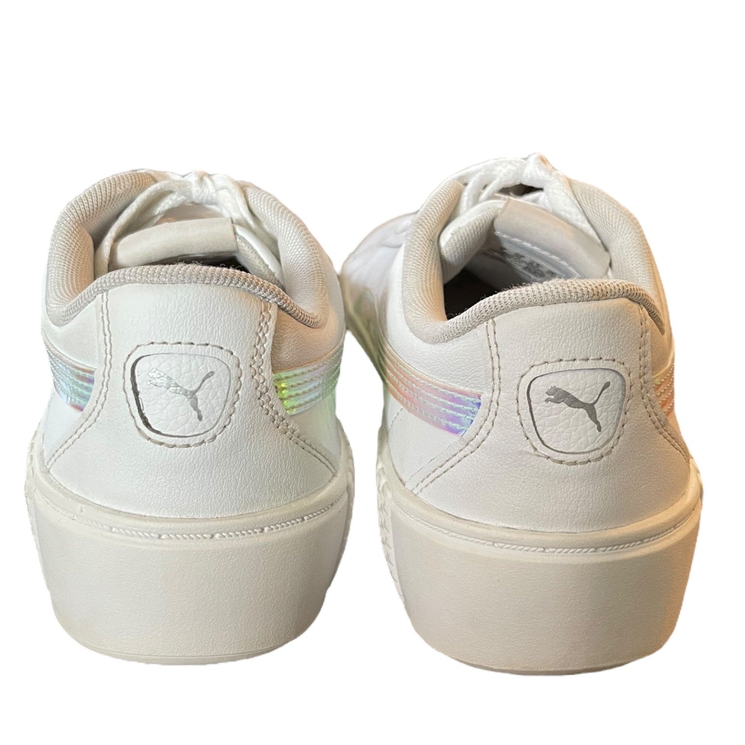 Back of White sneakers with a brand logo on a white background