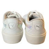 Back of White sneakers with a brand logo on a white background