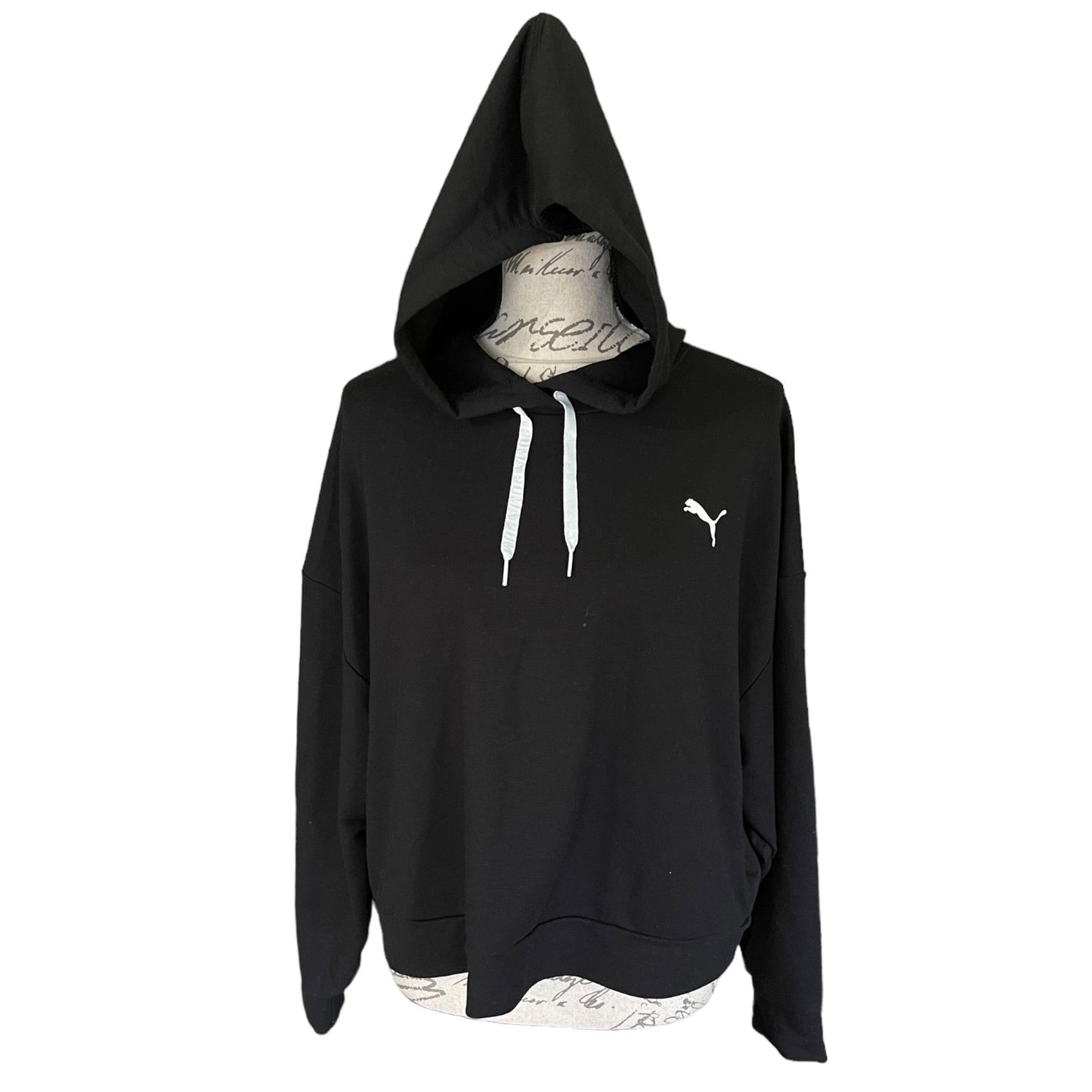 Front of Black hoodie with a brand logo on a white background