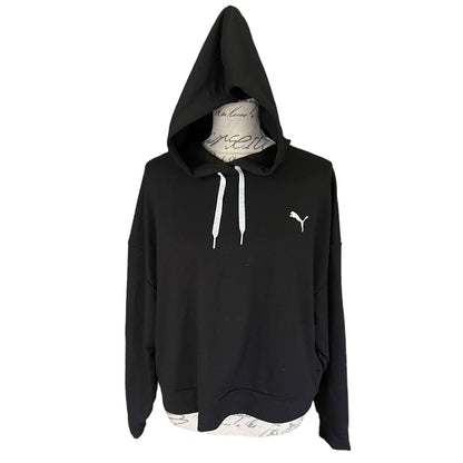Front of Black hoodie with a brand logo on a white background