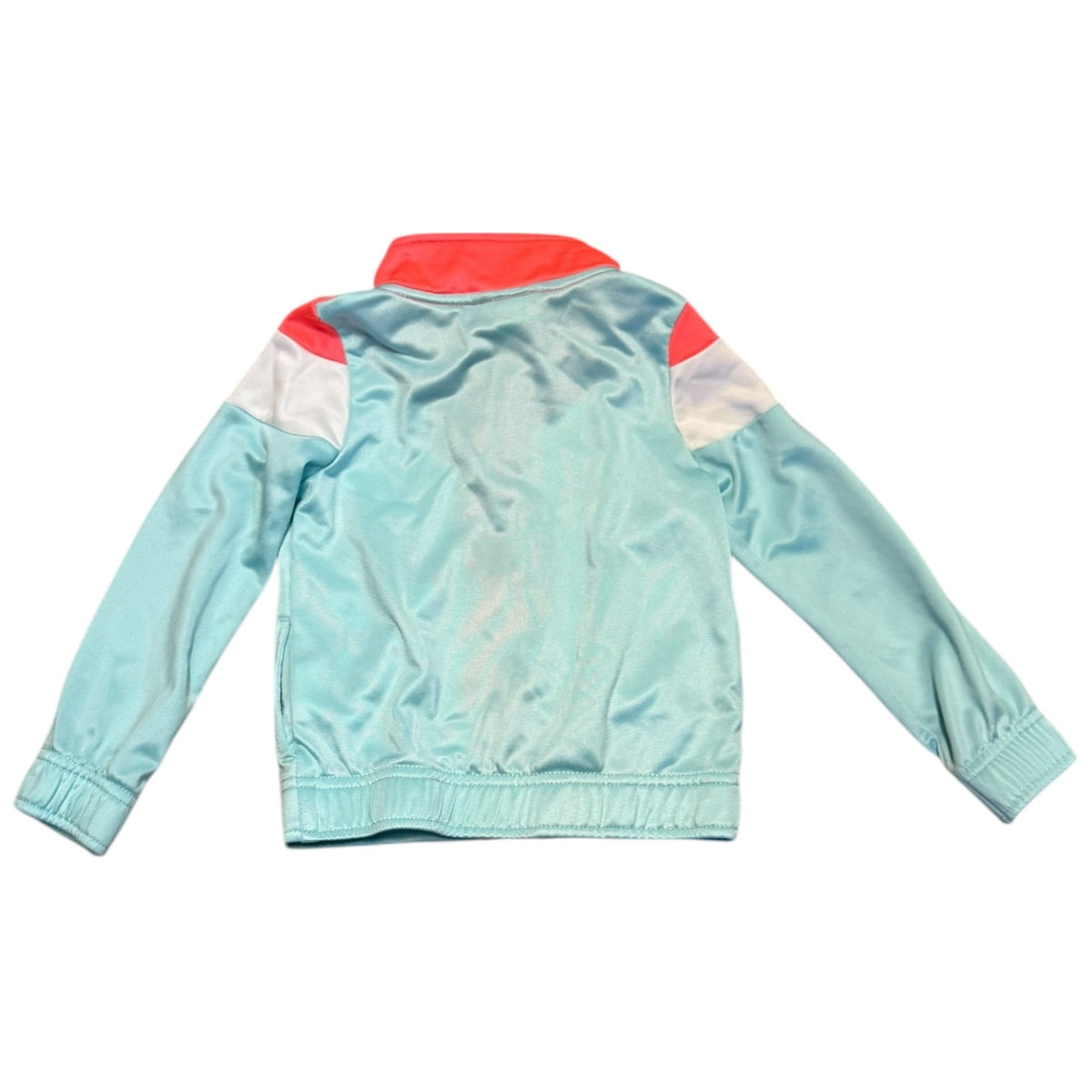 A light blue jacket shown from the back, featuring red and white color-blocked shoulder panels, on a solid white background.