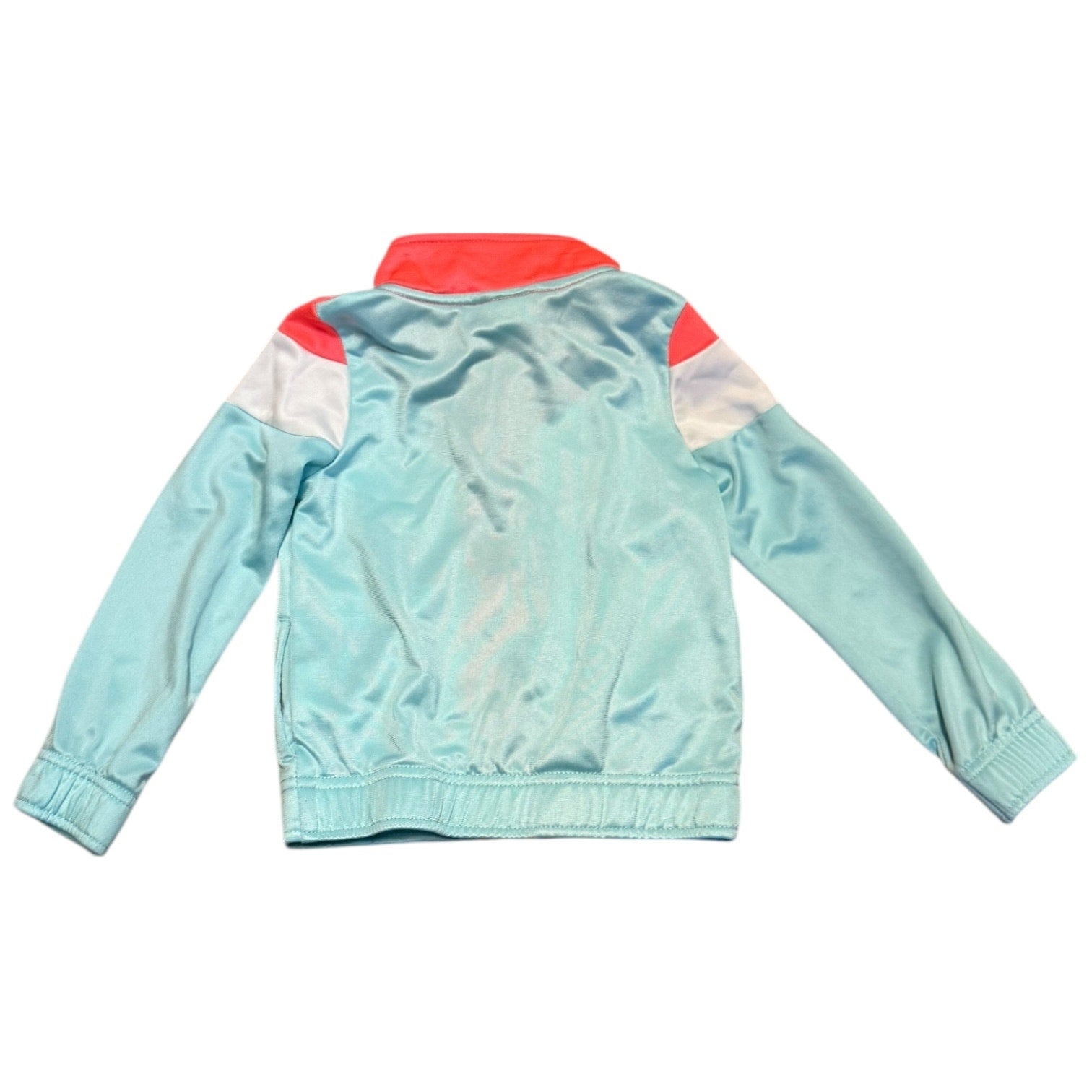 A light blue jacket shown from the back, featuring red and white color-blocked shoulder panels, on a solid white background.