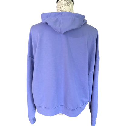 A lavender purple pullover hoodie shown from the back, displayed on a dress form mannequin against a plain white background.