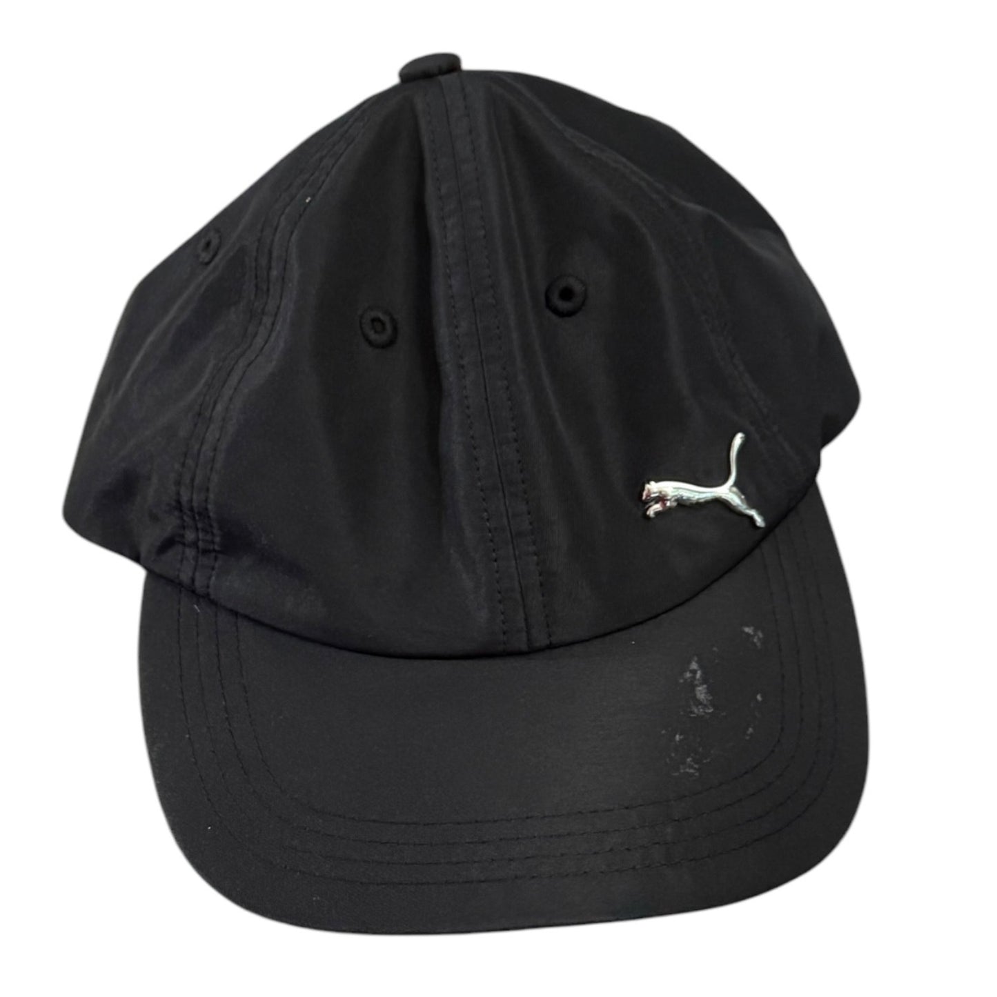 Black cap with a small logo on a white background