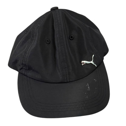Black cap with a small logo on a white background
