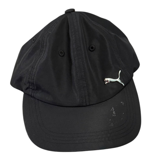 Black cap with a small logo on a white background
