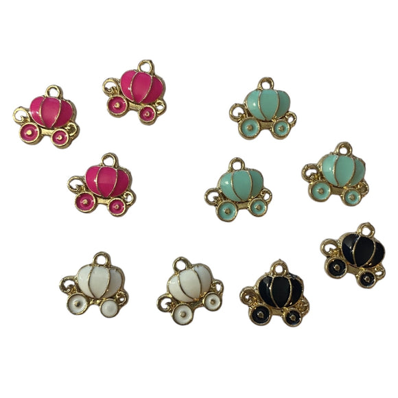 Set of colorful carriage-shaped charms on a white background