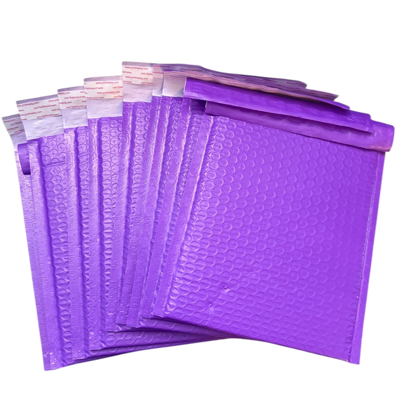 Purple bubble mailers stacked on a white background