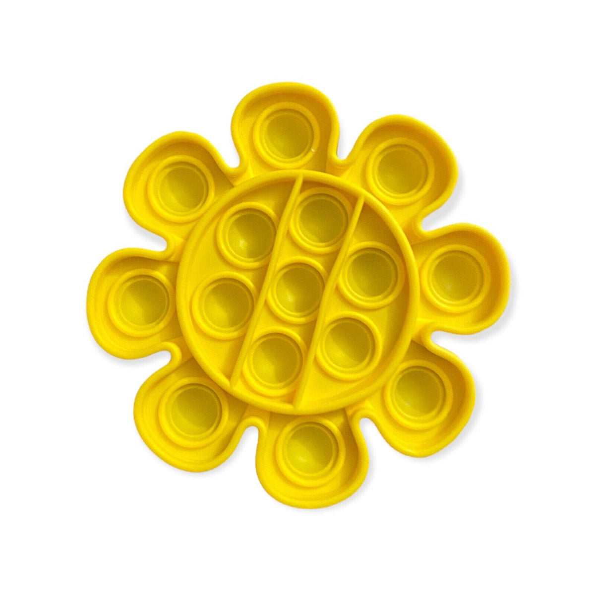 A bright yellow silicone pop-it toy with a sunflower-inspired design, featuring a central circular bubble popper surrounded by eight petal-shaped bubble cups, shown on a plain white background.