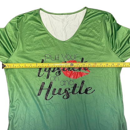 Green dress with motivational quote and red lips graphic, measured with a tape measure.