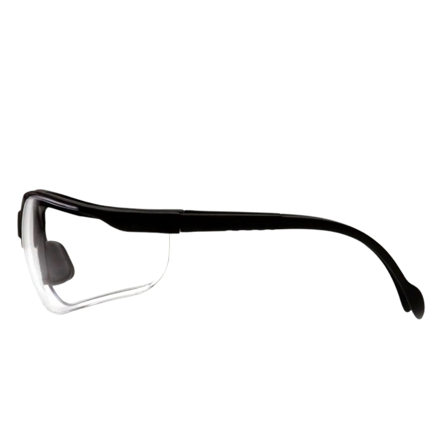 Black and white safety glasses on a white background side view