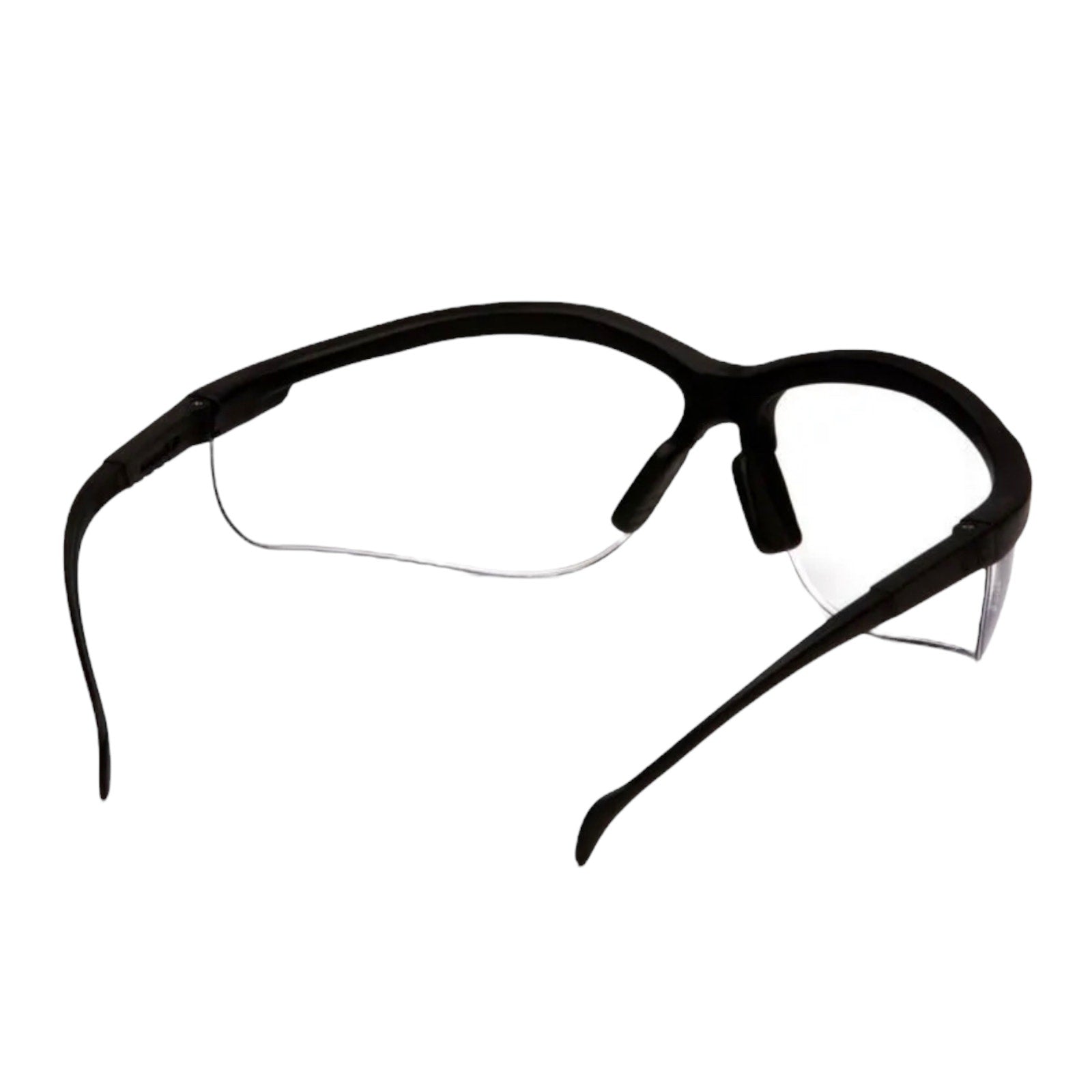 Back of Black safety glasses on a white background