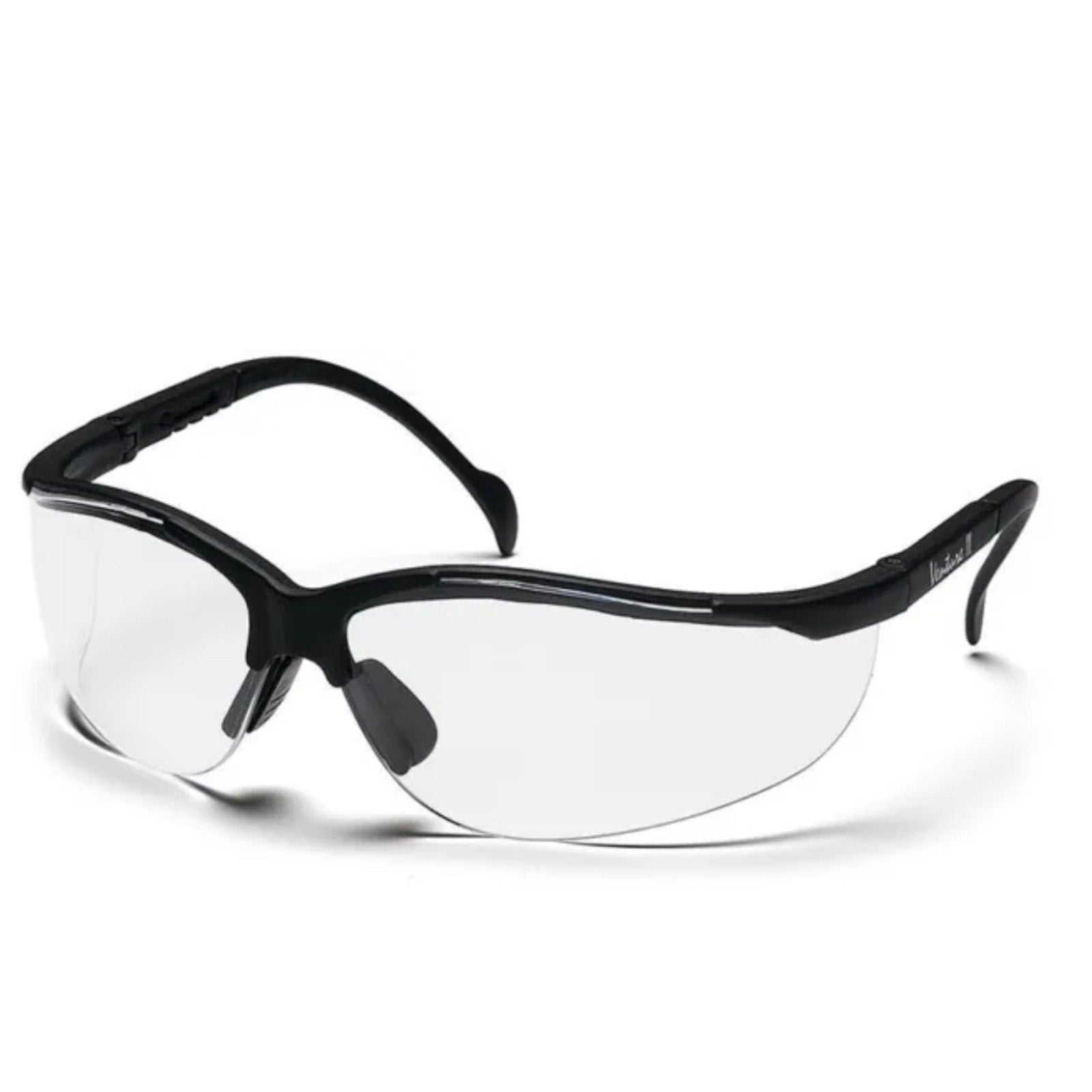 Black safety glasses with clear lenses on a white background
