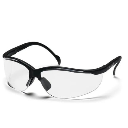 Black safety glasses with clear lenses on a white background
