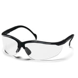 Black safety glasses with clear lenses on a white background