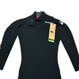 Top of Black wetsuit with a brand tag on a white background