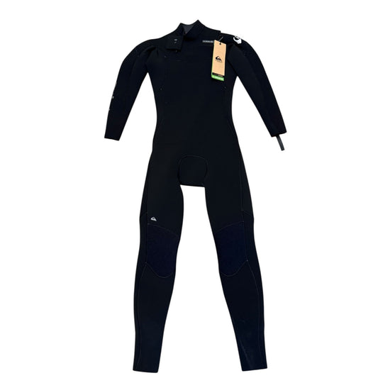 Front of Black wetsuit with a brand label on a white background