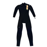 Front of Black wetsuit with a brand label on a white background