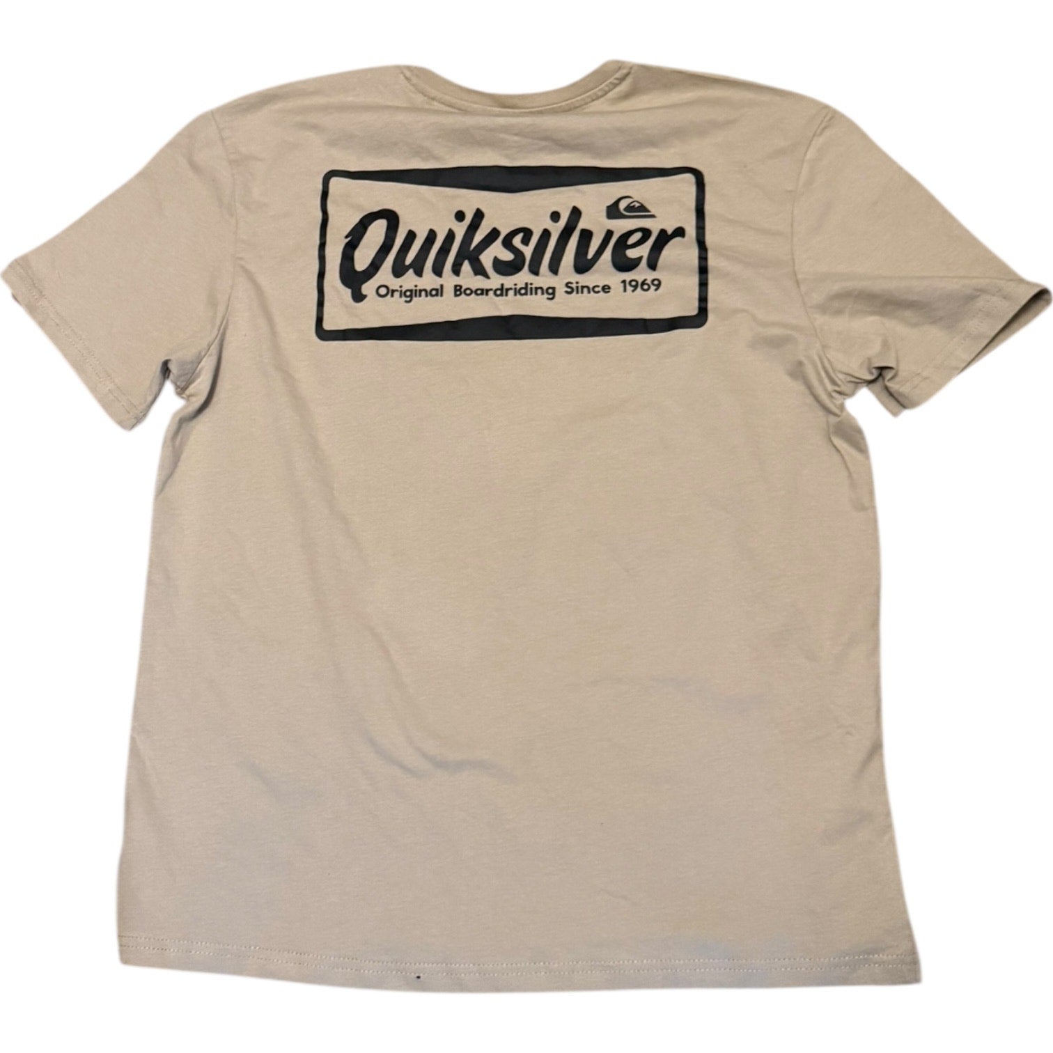 Back of Beige t-shirt with Quiksilver logo on a white background
