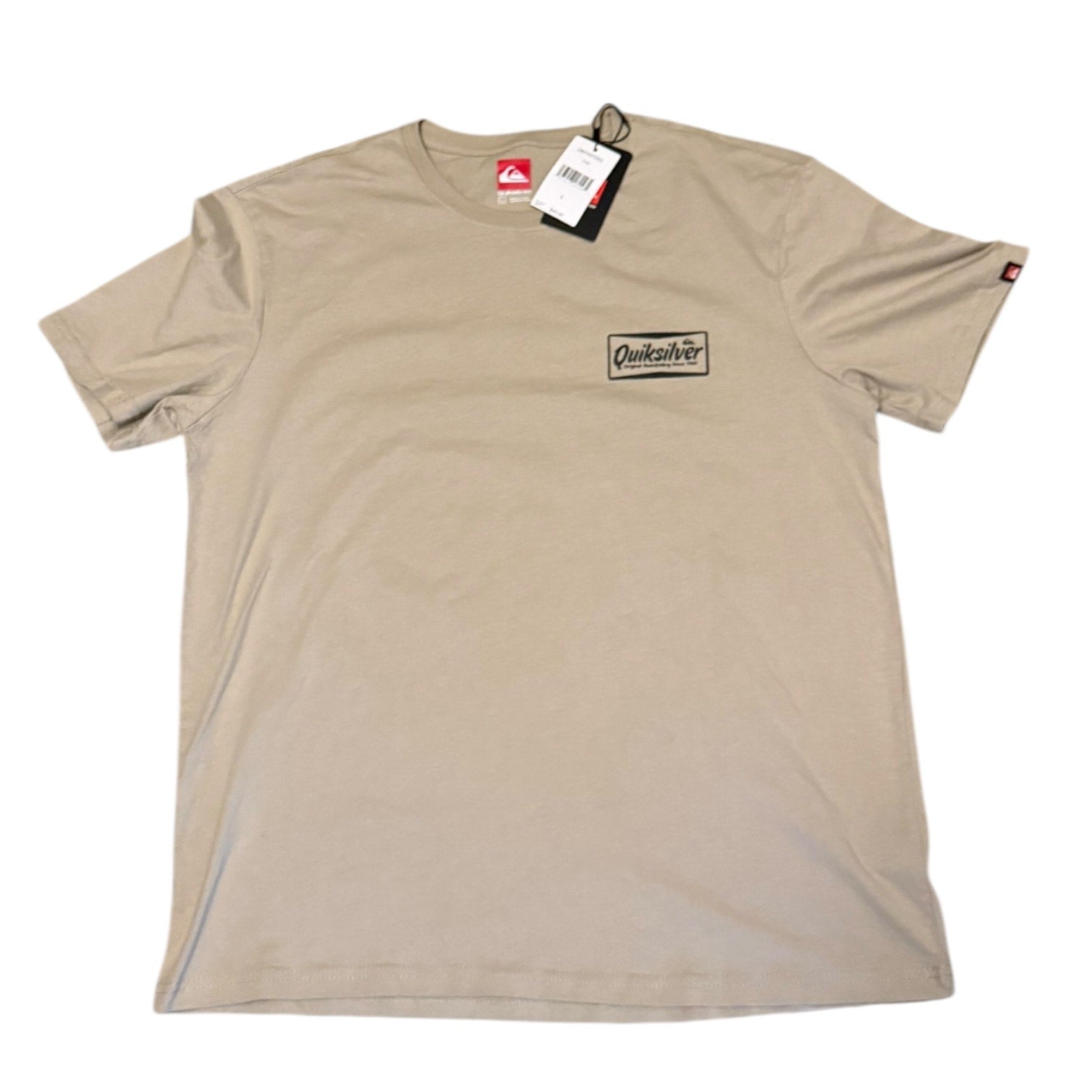 Front of Beige t-shirt with a brand logo on a white background