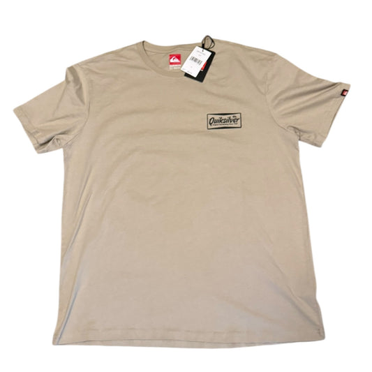 Front of Beige t-shirt with a brand logo on a white background