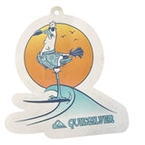 Front of Quiksilver sticker with a bird surfing on a white back ground