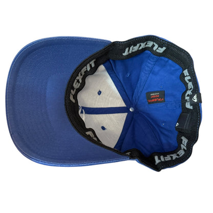 Interior of Blue cap with black brim and Flexfit branding on a white background