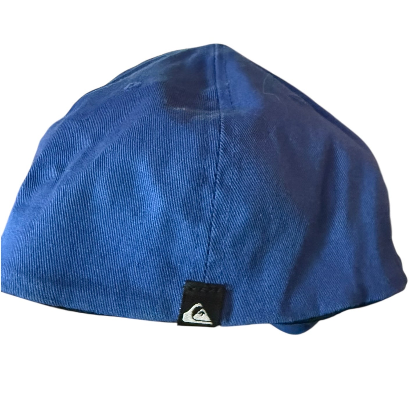 Back of blue hat with a brand logo on a white background