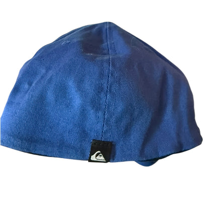 Back of blue hat with a brand logo on a white background