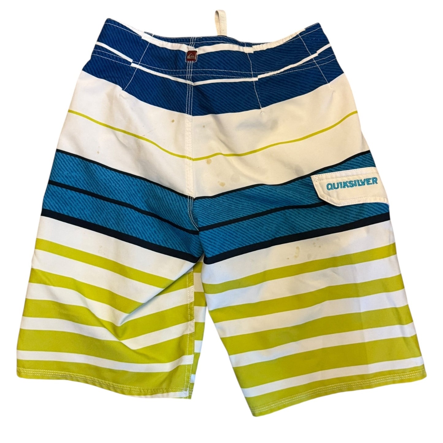 Striped shorts with blue, green, and white colors on a white background