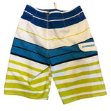Striped shorts with blue, green, and white colors on a white background