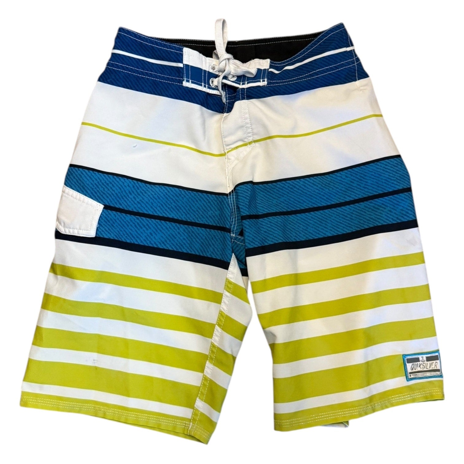 Striped shorts with blue, green, and white colors on a white background