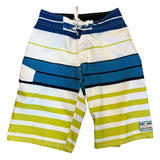 Striped shorts with blue, green, and white colors on a white background