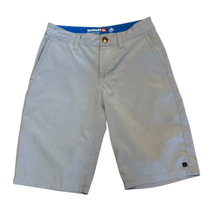 Gray front shorts with a brand label on a white background