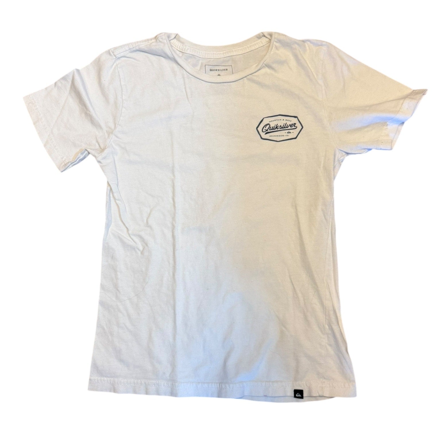 White t-shirt with a logo on the chest against a white background