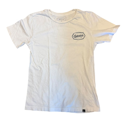 White t-shirt with a logo on the chest against a white background