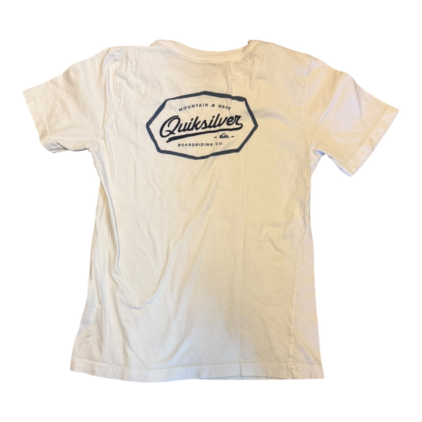 A white short-sleeve t-shirt laid flat, showing the back side with a graphic logo for Quiksilver centered on the upper back.