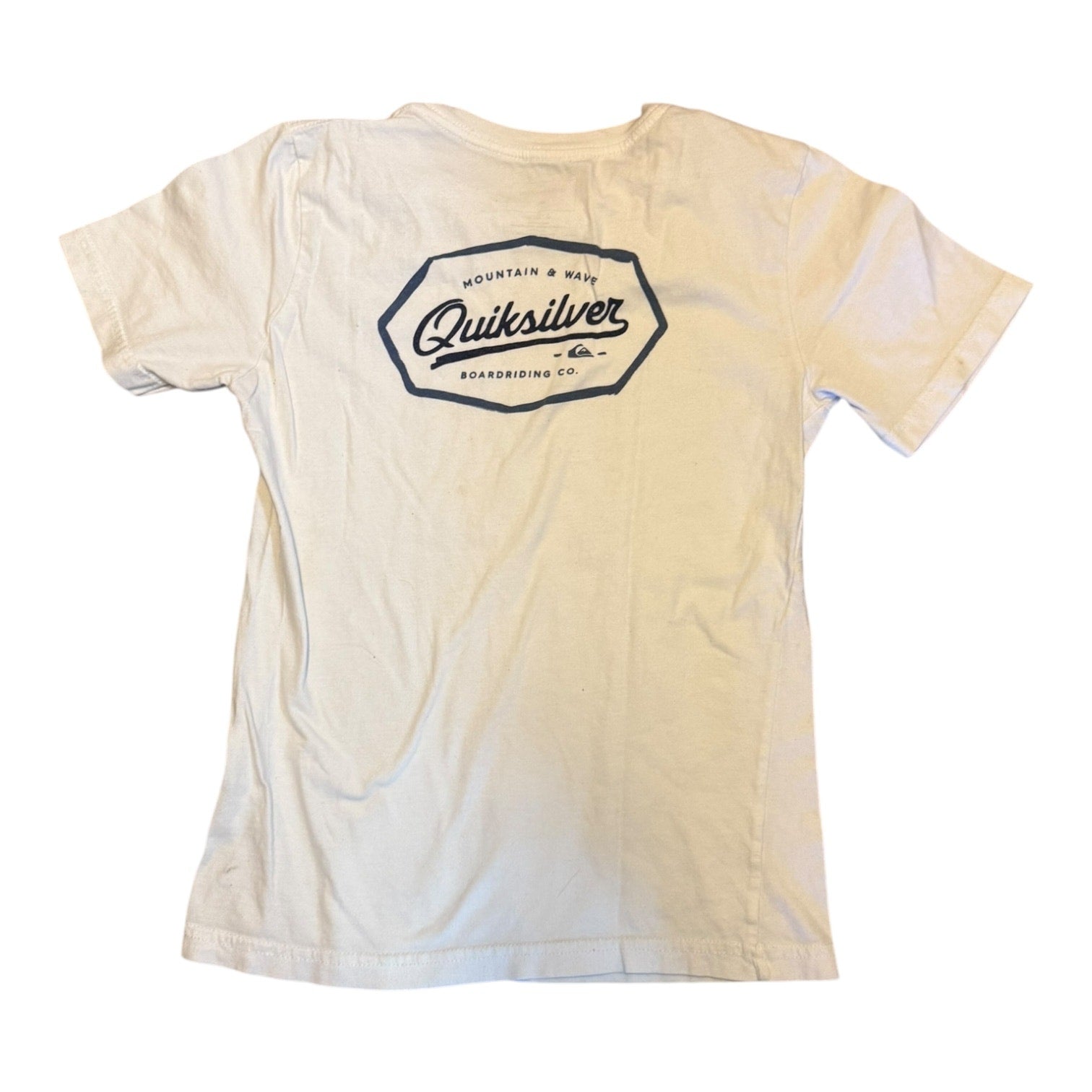 A white short-sleeve t-shirt laid flat, showing the back side with a graphic logo for Quiksilver centered on the upper back.