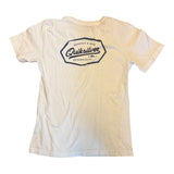 White t-shirt with Quiksilver logo on the back against a white background