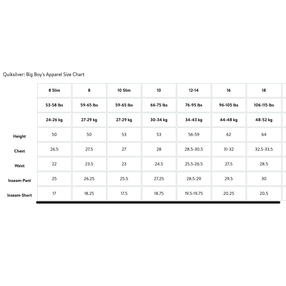 Quiksilver Big Boys' Apparel Size Chart on a white background