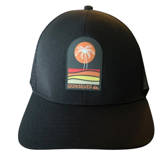 Front of black hat with Quiksilver with Palm tree design on a white back ground