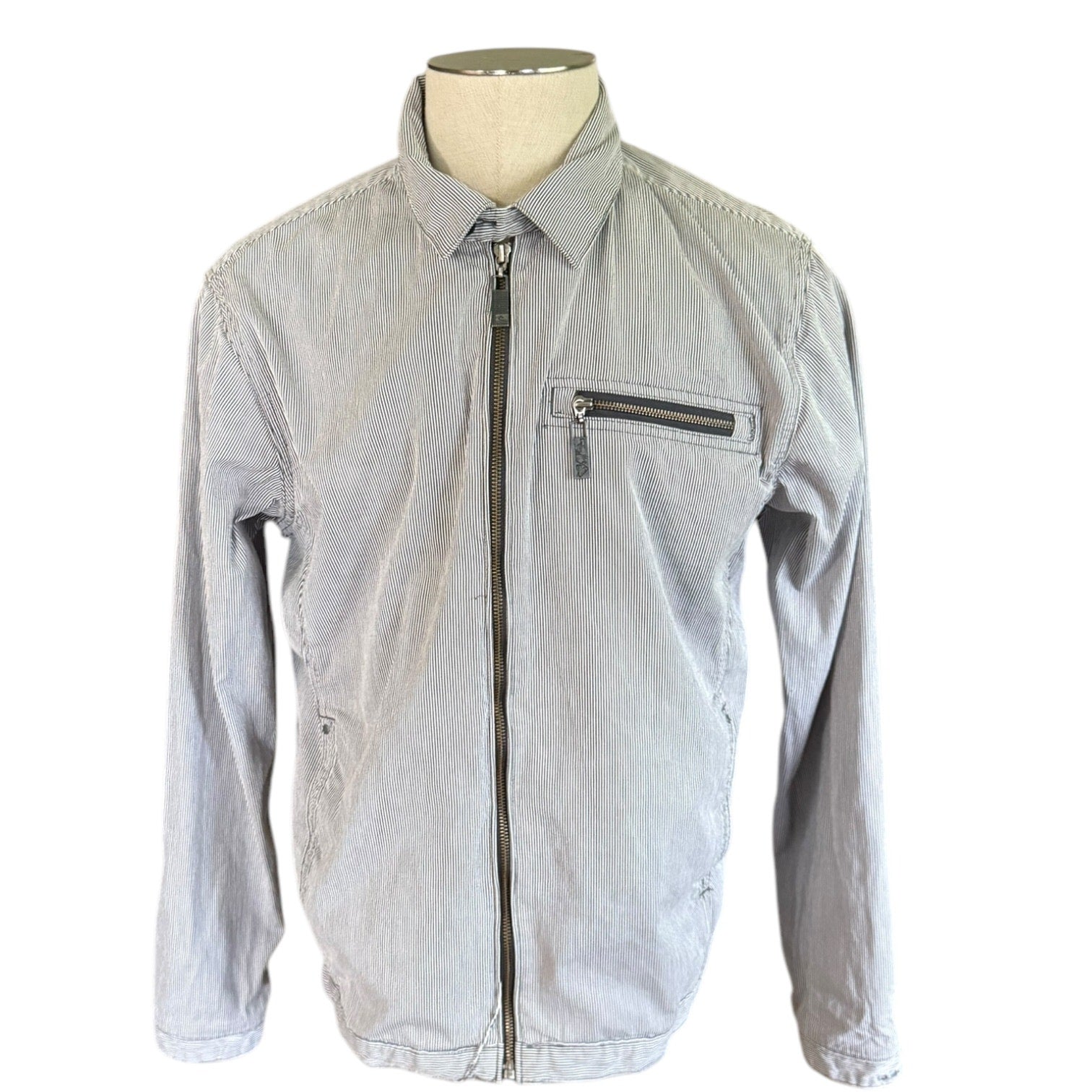 Front of striped jacket on a mannequin with a white background