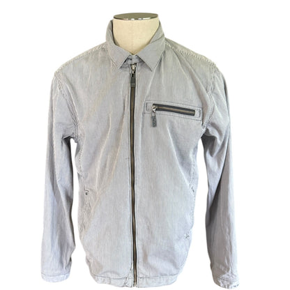 Front of striped jacket on a mannequin with a white background