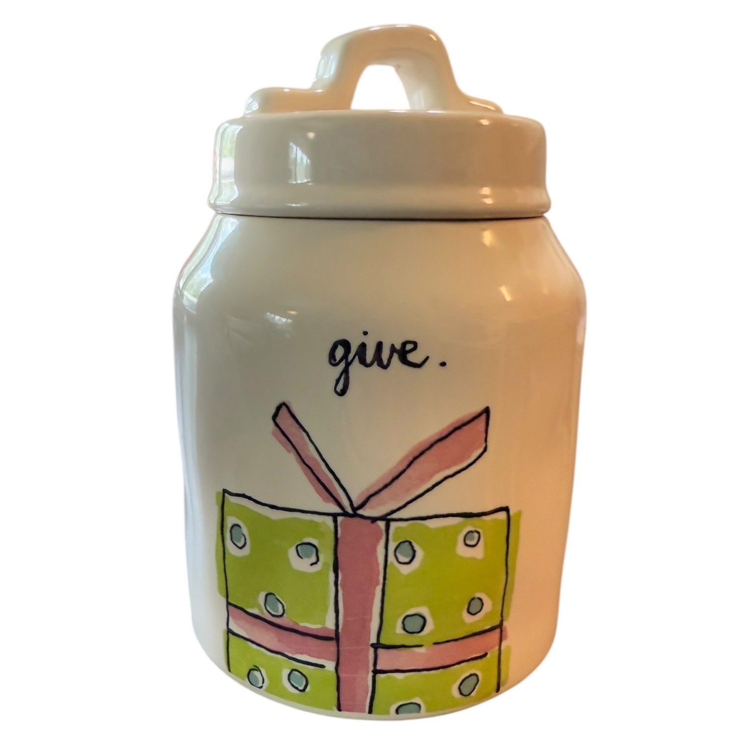 Front of White jar with a lid, decorative design, and the word 'give' on a white background