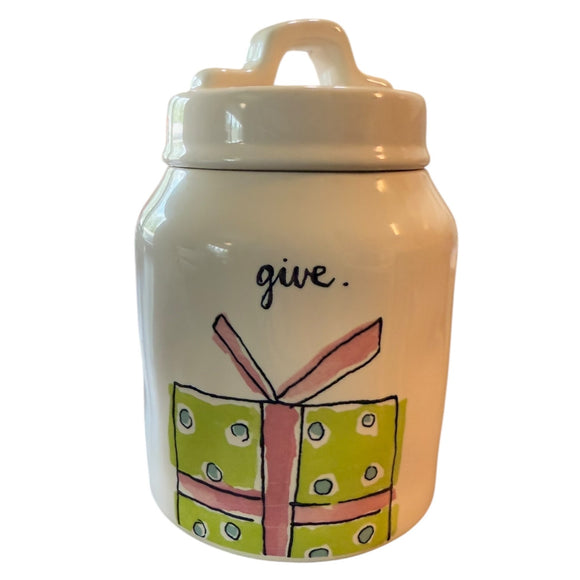 Front of White jar with a lid, decorative design, and the word 'give' on a white background