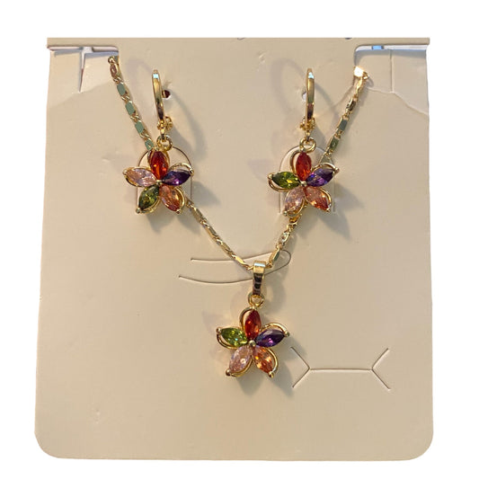 Flower-shaped jewelry set with multicolored stones on a display card.