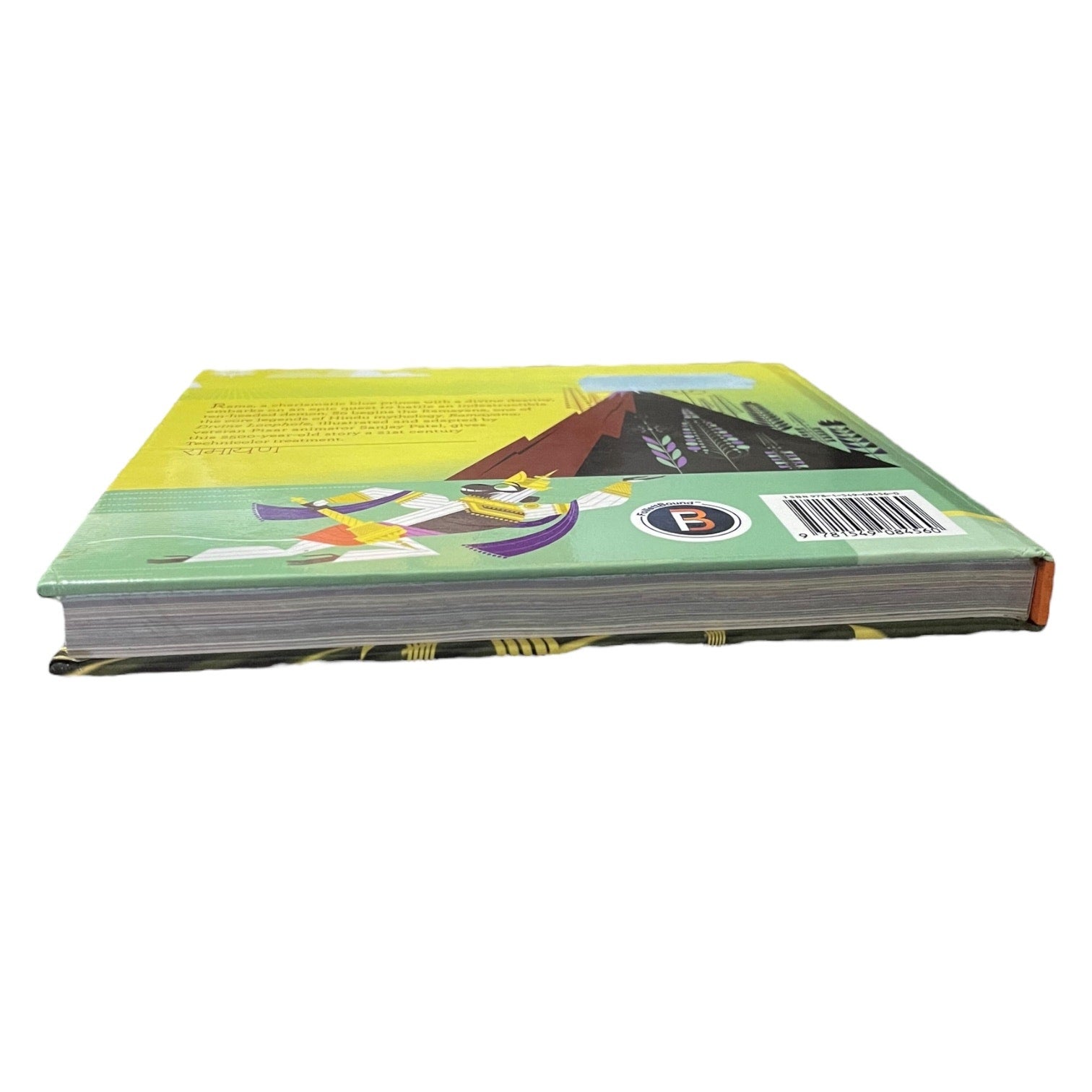 A hardcover book shown from the side on a plain white background, displaying a green and yellow illustrated cover with a barcode and spine.