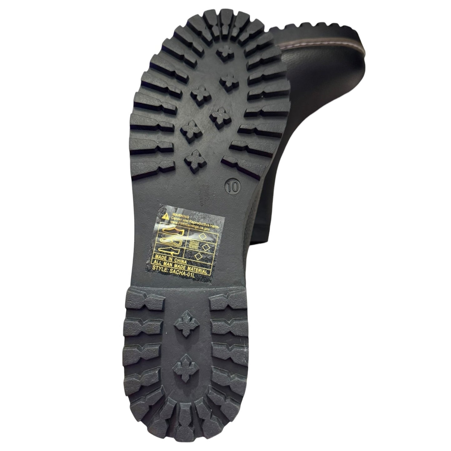 Close-up of a black boot sole with tread pattern on a white background