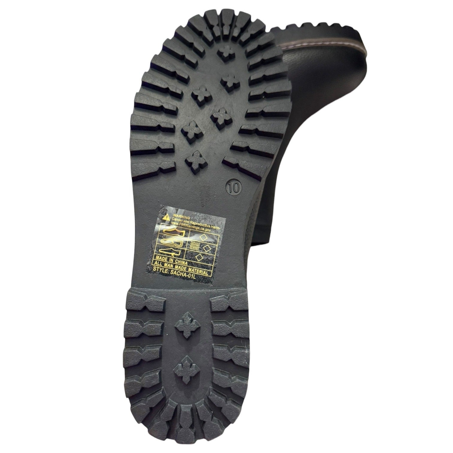 Close-up of a black boot sole with tread pattern on a white background
